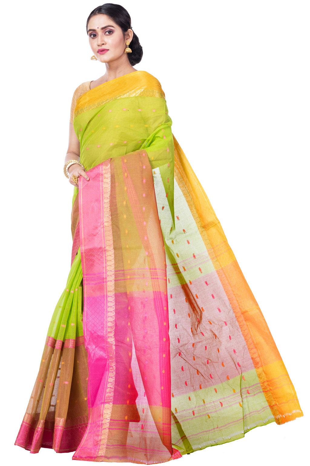 Light Green Pure Cotton Ganga Jamuna_Buti Tant Saree (649)